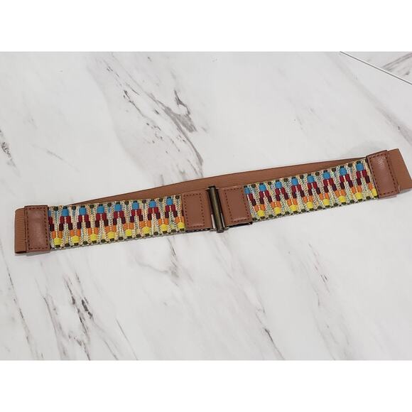 Rainbow Embroidered‎ Vintage Leather Stretch Brown Belt - Picture 1 of 8